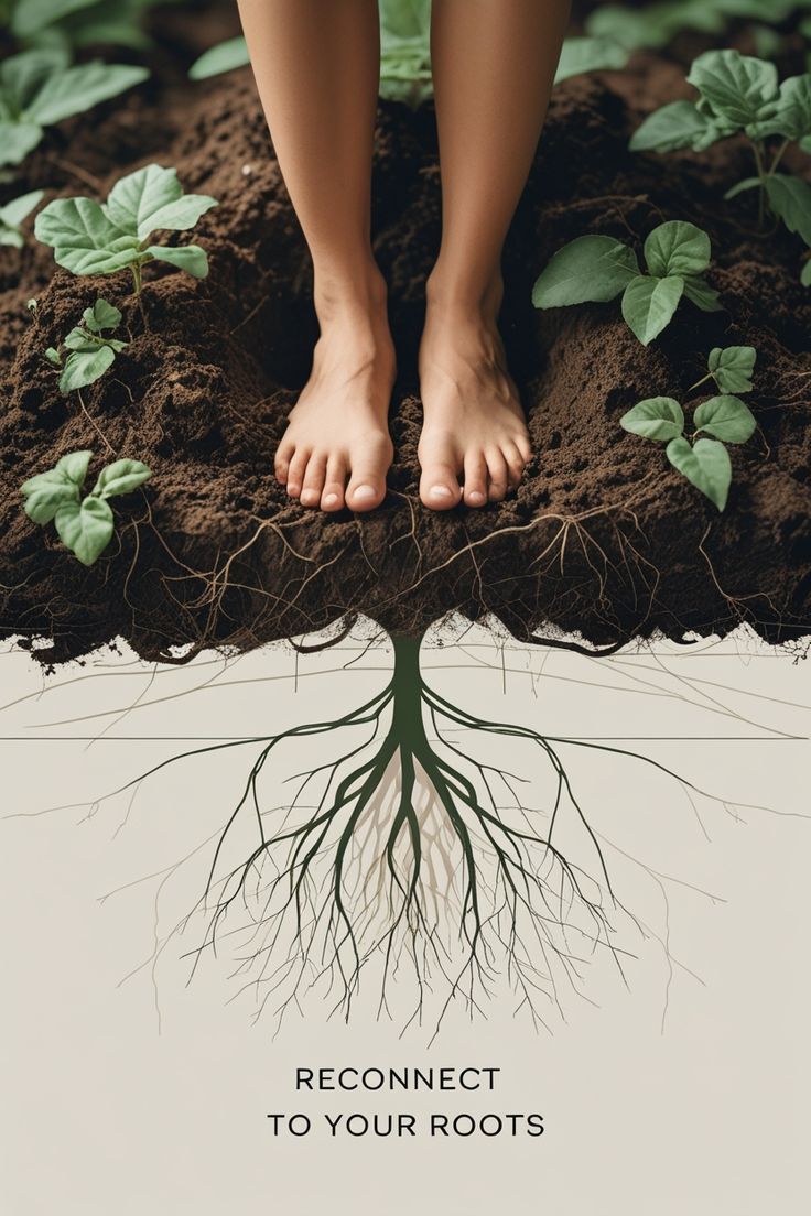 Bare feet on soil with roots reaching down